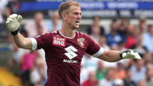 Torino goalkeeper Joe Hart shouts during the Serie A soccer match between Atalanta and Torino, in Bergamo, Italy, Sunday, Sept. 11, 2016. On loan from Manchester City, Hart became the first English goalkeeper to play in Serie A since the league's inception in 1929. (Paolo Magni/ANSA via AP)